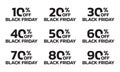 Price off label or badge set. Black Friday sale icons or tags with 10, 20, 30, 40, 50, 60, 70, 80, 90 percent discount. Vector Royalty Free Stock Photo